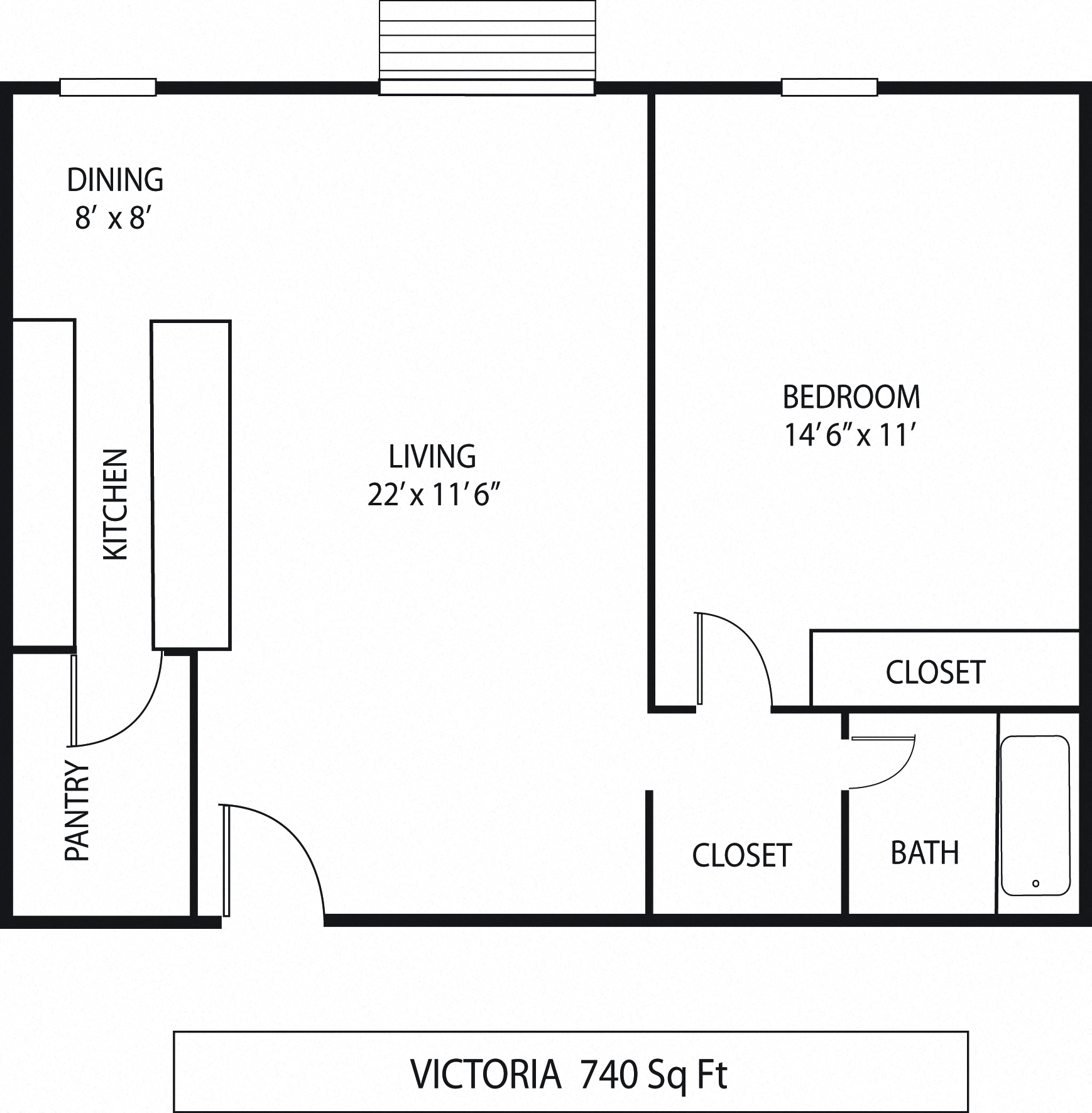 Floor plan for 1 bed, 1 bath, 740 sqft